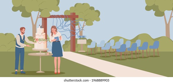 Planificadores de bodas preparando la escena al aire libre para la ceremonia de boda ilustraciones planas vectoriales. Directores hombres y mujeres en decoraciones formales de verificación de vestimenta para fiestas matrimoniales y torta de bodas.