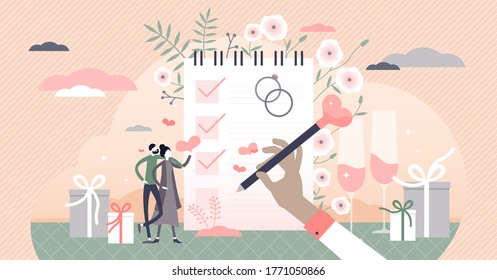 Wedding planning with checklist and reminder schedule tiny persons concept. Elegant marriage event celebration vector illustration. Romantic business service management with help to organize agenda.