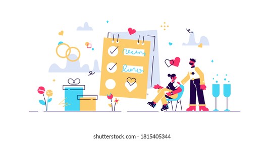 Wedding planning with checklist and reminder schedule tiny persons concept. Elegant marriage event celebration vector illustration. Romantic business service management with help to organize agenda.