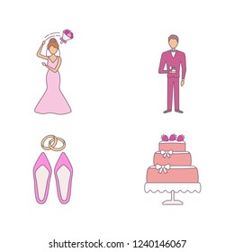 Wedding planning color icons set. Bridegroom throwing bouquet, bridegroom, wedding accessories, engagement cake. Isolated vector illustrations