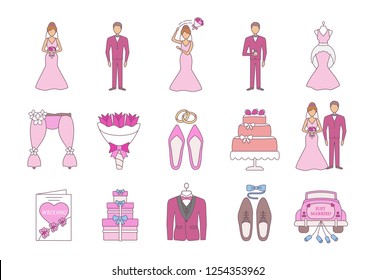 Wedding planning color icons set. Bridal dress, accessories, car, bouquets. Wedding agency services. Engagement. Isolated vector illustrations