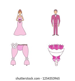 Wedding planning color icons set. Bride and bridegroom, wedding floral arch, bouquet. Isolated vector illustrations