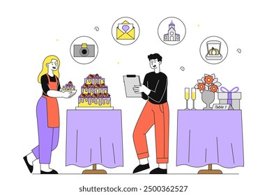 Wedding planning concept. Man and woman with cake, champagne, rings and camera. Organization of marriage ceremony and event. Linear vector illustration isolated on white background