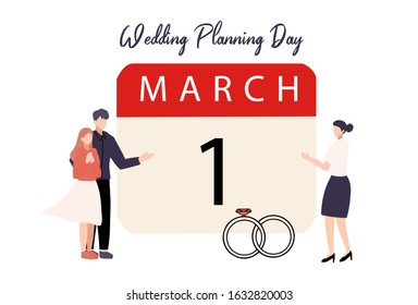 Wedding Planning Day hand drawn style vector design illustrations. Concept of a couple preparing their wedding with a wedding organizer. Celebrate Wedding Planning Day 1 March.