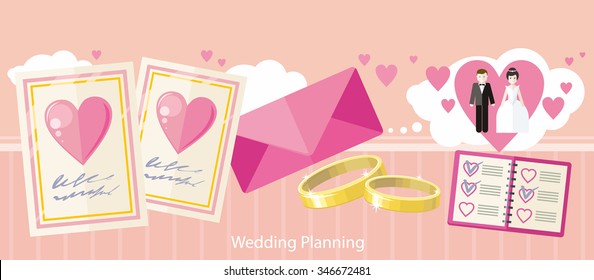 Wedding planning design flat fashion. Wedding planner, event planning, wedding invitation, plan and wedding cake, holiday decoration, marriage event illustration banner