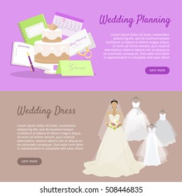 Wedding planning and wedding dress web banner. Preparation for wedding day. Getting ready to marriage ceremony. Planning everything ahead. Choosing the date, dress, place, decoration, menu. Vector