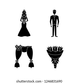 Wedding planning glyph icons set. Bride and bridegroom, wedding floral arch, bouquet. Silhouette symbols. Vector isolated illustration