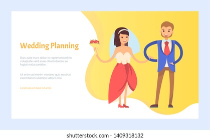 Wedding planning, happy couple bride in dress with bouquet and groom in suit and tie web template. Vector just married newlywed lovers in evening dresses. Webpage template, landing page flat style