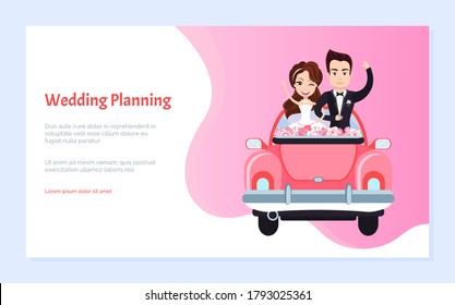 Wedding planning, happy couple characters standing in holiday car with flowers, groom embracing bride, blinking woman, pink web invitation vector. Website or webpage template, landing page flat style