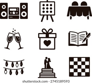 Wedding planning icons set with gift, champagne, and decorations on white background