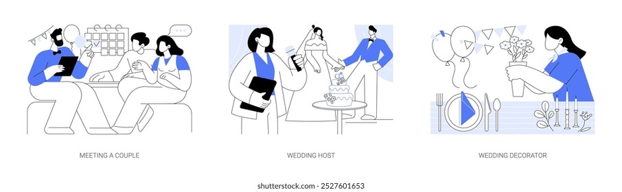 Conjunto de Ilustraciones vectoriales de dibujos animados aislados de planificación de Boda. Coordinador de Profesional que conoce a una pareja, anfitrión del evento hablando al micrófono, decorador preparar el lugar, planificación de la ceremonia Vector de dibujos animados.