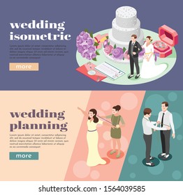 Wedding planning isometric banners illustrated measuring bride and groom figures  envelopes with invitations rings and tiered cake vector illustration