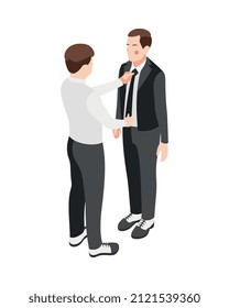 Wedding planning isometric composition with character of tailor tying grooms tie vector illustration