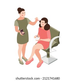 Wedding planning isometric composition with characters of bride drinking coffee and makeup artist painting her face vector illustration