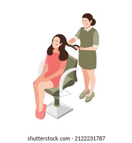 Wedding planning isometric composition with characters of female hairdresser cutting brides hair vector illustration