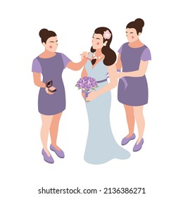 Wedding planning isometric composition with characters of women decorating brides dress vector illustration
