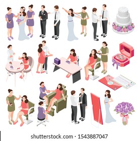 Wedding planning isometric icons set of bride and groom fitting their clothes with tailor doing makeup and hairstyle isometric vector illustration