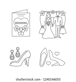 Wedding planning linear icons set. Women’s accessories, high heel shoe, wedding invitation, floral arch. Thin line contour symbols. Isolated vector outline illustrations. Editable stroke