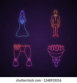 Wedding planning neon light icons set. Bride and bridegroom, wedding floral arch, bouquet. Glowing signs. Vector isolated illustrations