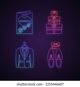 Wedding planning neon light icons set. Gifts, men's accessories, wedding invitation, tuxedo. Glowing signs. Vector isolated illustrations