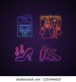 Wedding planning neon light icons set. Women’s accessories, high heel shoe, wedding invitation, floral arch. Glowing signs. Vector isolated illustrations