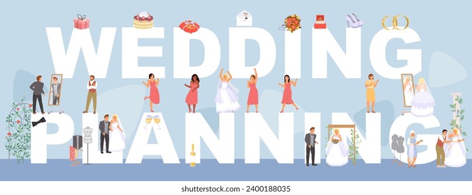 Cartel de planificación de bodas ilustraciones vectoriales con letras gigantes y pequeñas personas felices como novios, parientes preparándose para la celebración del evento