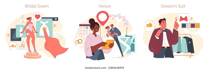 Wedding Planning set. Bride admires a gown, couple selects venue, groom chooses suit. Moments of joy. Picking the best. Flat vector illustration.