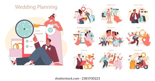 Wedding Planning set. Bride and groom navigating matrimonial preparations. Venue choice, bridal gown selection, RSVPs. Celebratory mood with cheerful friends. Flat vector illustration.