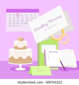 Wedding planning vector concept. Illustration with wedding tier cake, notepads for plans and guest list, invitation to marriage ceremony, rings and calendar with day highlighted red. Pink background