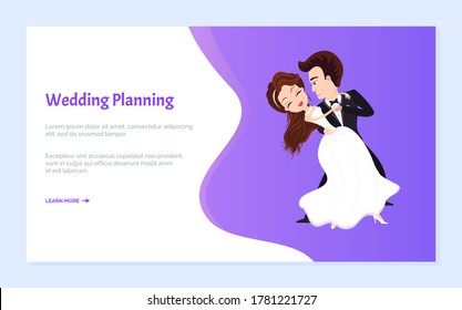Wedding planning vector, first dance of married couple, bride wearing long dress, groom kissing female on cheek, happy pair dancing on ceremony. Website or webpage template, landing page flat style