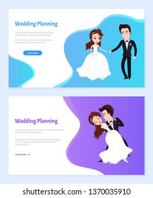 Wedding planning vector, newlywed couple dancing at first time, tradition and ceremony of bride and groom performance. Loving people dance. Website or webpage template, landing page flat style