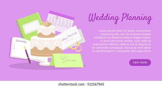 Wedding planning web banner. Preparation for the wedding day. Getting ready to the marriage ceremony. Planning everything ahead. Choosing the date, place, decoration, restaurant menu. Vector