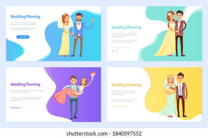 Wedding planning webpage, information site help newlyweds in organizing a wedding event landing page template. Bride and groom wearing party wear for celebration of special day. Lady holding bouquet