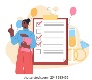 Mujer de planificación de Boda. Chica joven cerca de una enorme copa de champán y anillo de oro con diamante. Gestión de eventos. Festiva y preparación de festivales. Ilustración vectorial plana aislada sobre fondo blanco