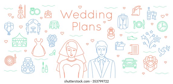 Wedding plans thin line flat vector background. Modern horizontal linear illustration of bride and groom with outline icons of a party preparation. Infographic design element