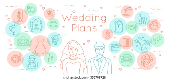 Wedding plans thin line flat vector background. Modern horizontal linear illustration of bride and groom with outline icons of a party preparation. Infographic design element