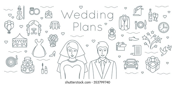 Wedding plans thin line flat vector background. Modern horizontal linear illustration of bride and groom with outline icons of a party preparation. Infographic design element