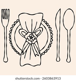 Wedding Plate and Cutlery Hand Drawn Line Art Vector Illustration
