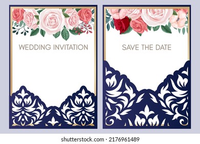 Wedding pocket envelopes with damask pattern and floral insert, vector.