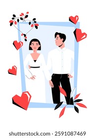 Wedding Portrait Of Bride And Groom In Flat Vector Illustration Symbolizing Love, Marriage, Romantic Union, And Commitment, Isolated On White Background
