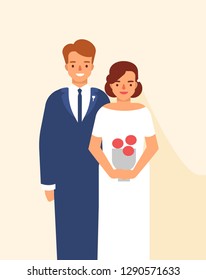 Wedding portrait of cute happy pair of young smiling bride and groom dressed in elegant clothing. Funny adorable married couple or newlyweds. Colored vector illustration in flat cartoon style.