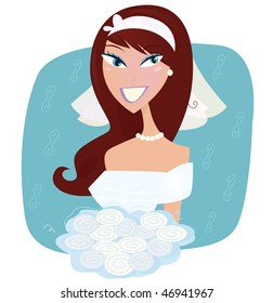 Wedding portrait: happy bride in white Beautiful happy bride in white with roses. Vector Illustration in retro style.