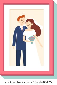 Wedding portrait showing groom wearing blue suit and bride in white dress holding bouquet inside picture frame, vector illustration in simple cartoon flat style