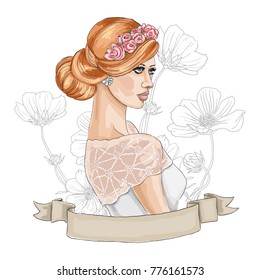 Wedding portrait. Young girl with wreath on her head. Fashion woman. Hand drawn sketch. Vector illustration isolated on white background.