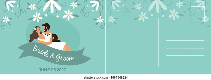 Wedding postcard. Happy couple bride and groom hugging, romantic card with lovers, letter template with copy space on floral background, invitation and greeting flat vector cartoon illustration