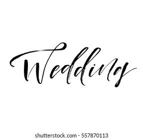 Wedding postcard. Ink illustration. Modern brush calligraphy. Isolated on white background. 