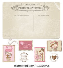 Postal de boda y sellos de rehenes. Por Diseño, Invitación, Felicitación, Libro de Crapbook. Vector