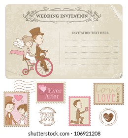 Wedding Postcard and Postage Stamps for design, invitation, congratulation, scrapbook in vector