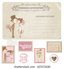 Wedding Postcard and Postage Stamps. For Design, Invitation, Congratulation, Scrapbook. Vector