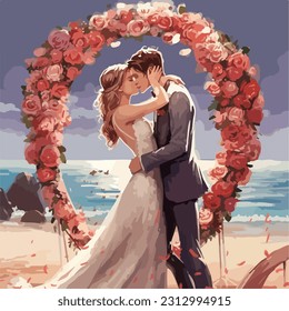 Wedding postcard scene couple bride and groom on beach of sea with heart from roses cartoon illustration graphic color hand draw isolated on white background.